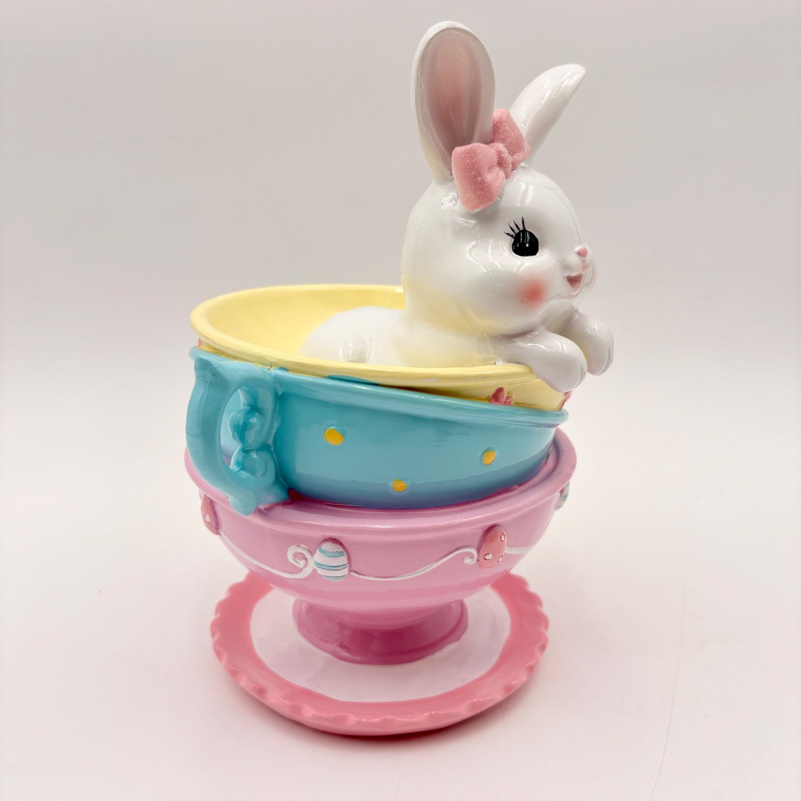 Easter Bunny Rabbit Stack Pastel Teacups Figurine Spring Decor Pink Blue Yellow
