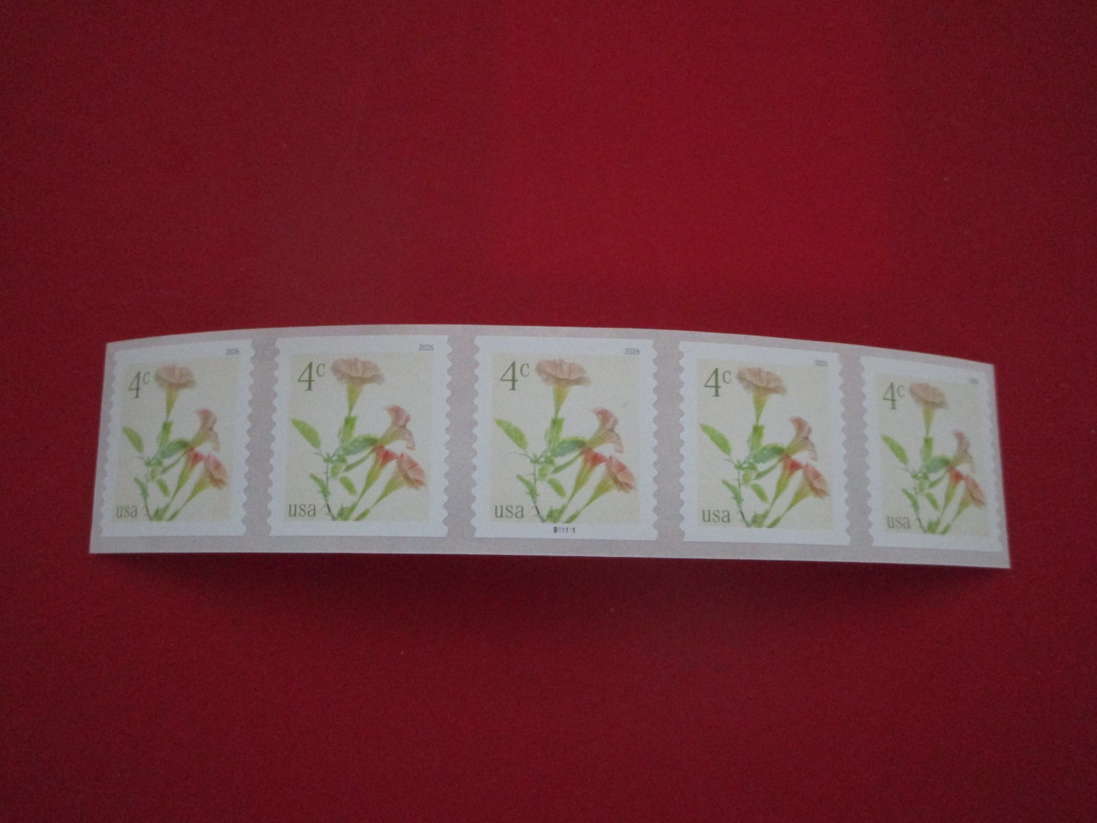 US Stamps Angel's Trumpets 4 Cent Coil of (5) with Coil Plate Number