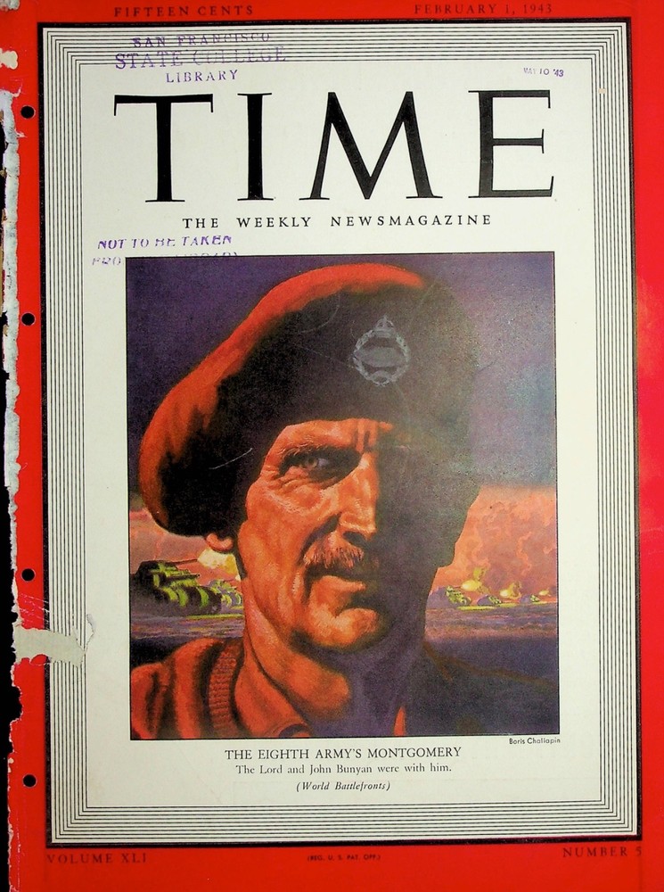 Original 1943 TIME Cover Only: Ft. THE EIGHTH ARMY'S MONTGOMERY