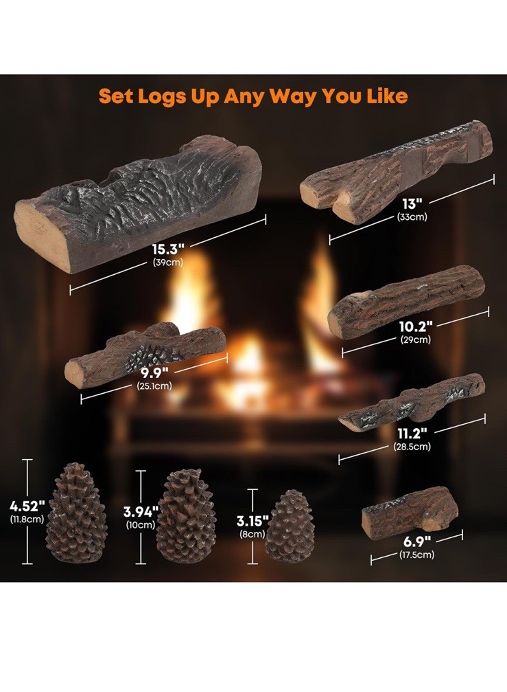 Stanbroil Large Ceramic Gas Logs, 9 Piece Set of Decoration Ceramic Wood