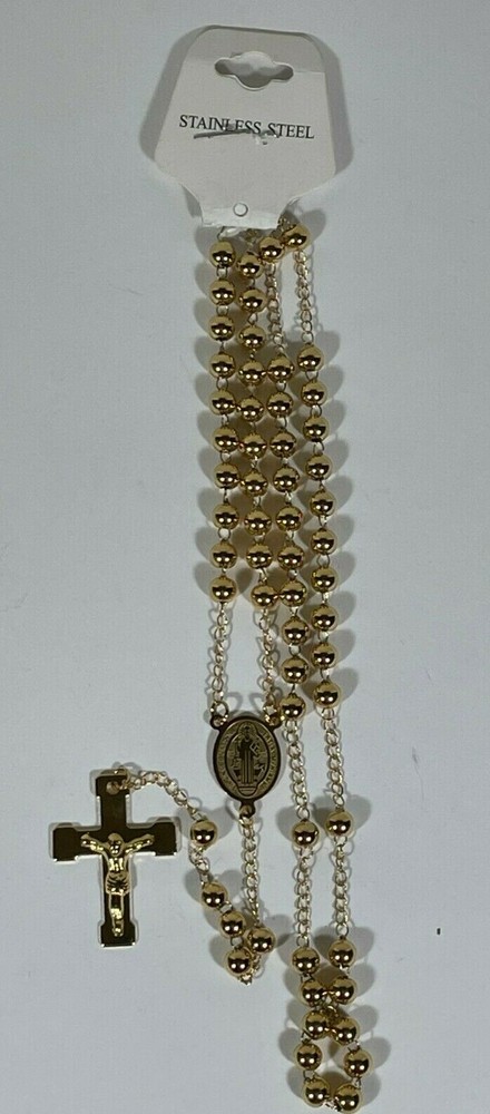 St. Benedict Catholic Rosary Gold Plated Stainless Steel Ball Bearing 5 Decade