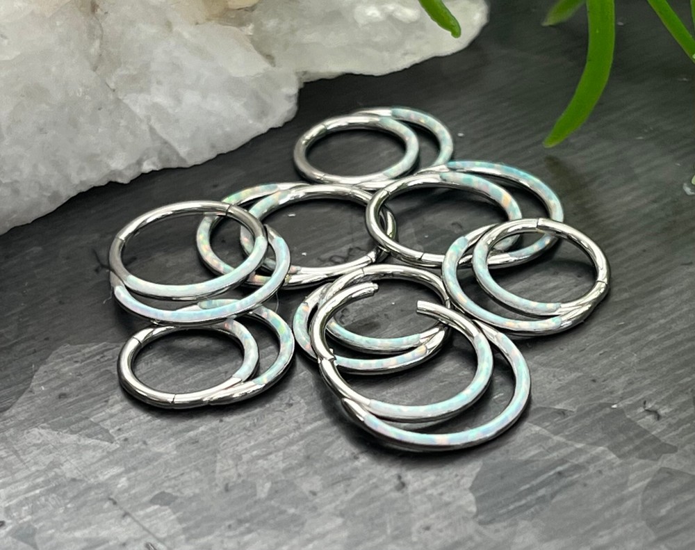 1pc Double Opal Lined Front Hinged Segment Ring Steel Septum Hoop Helix Daith