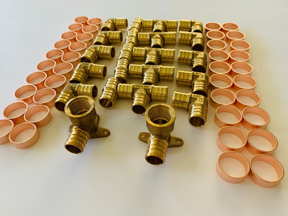62 PCS 3/4" PEX Barb Crimp Fitting  2 Drop ear Elbow, 20 PCS Coupler, Tee,Elbow