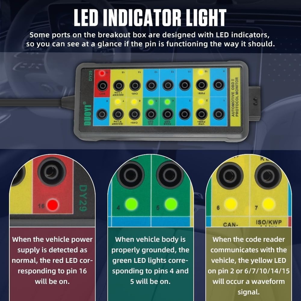 16-Pin OBDII Breakout Box with LED Indicator & 90cm Cable for Auto Diagnostics