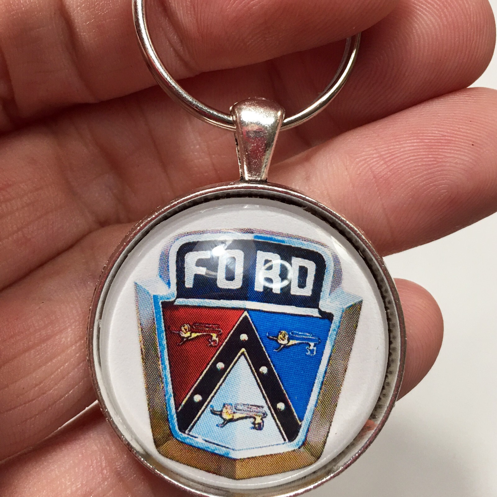 1950's Ford Red White Blue Chrome Trunk Hood Emblem Badge Logo Keychain