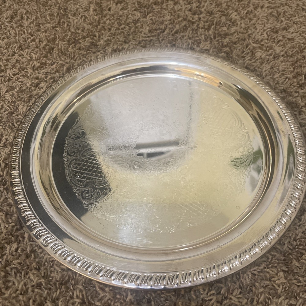LEONARD EP SILVERPLATED 12" ROUND SERVING FLORAL SCROLL TRAY