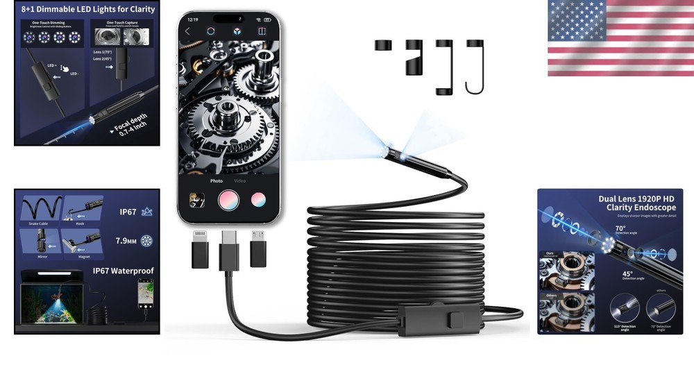Endoscope Camera with Light, 1920P HD Borescope Inspection Camera with 8 Adjusta