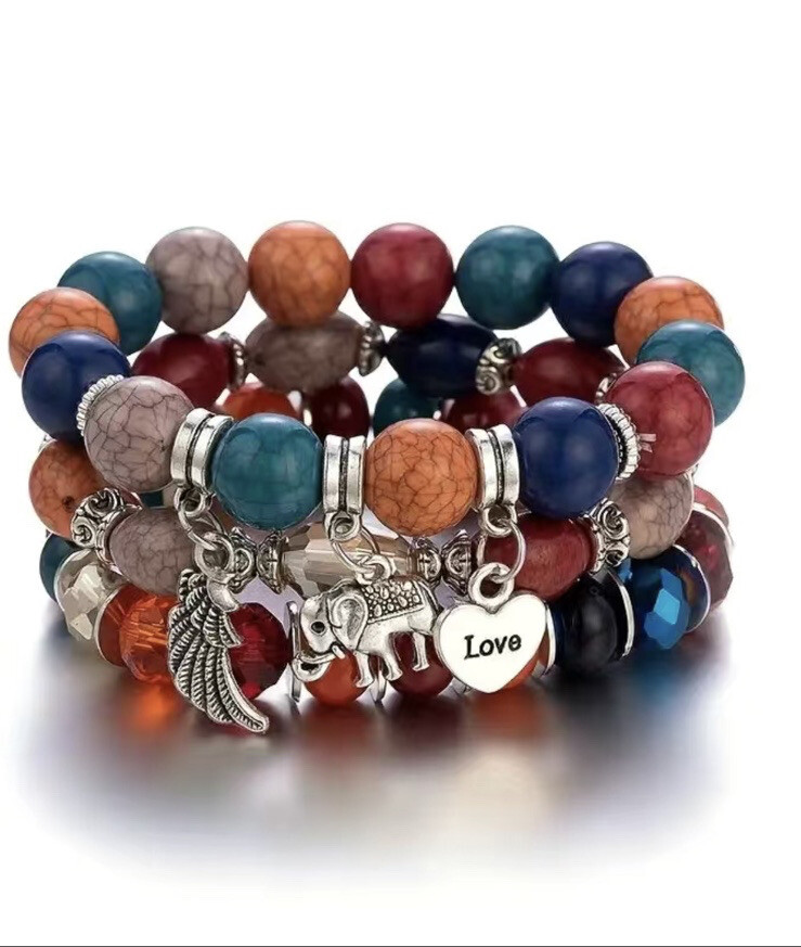 3 PC Handmade Boho Beaded Stackable 6.5” Plus Stretch Bracelet Set New A3859