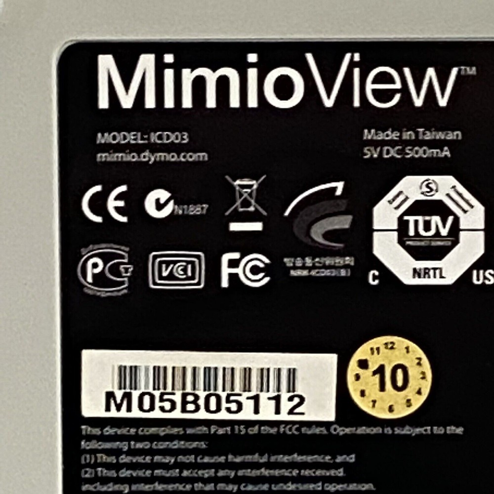 DYMO Mimio View White USB Document Camera Model ICD03- Untested