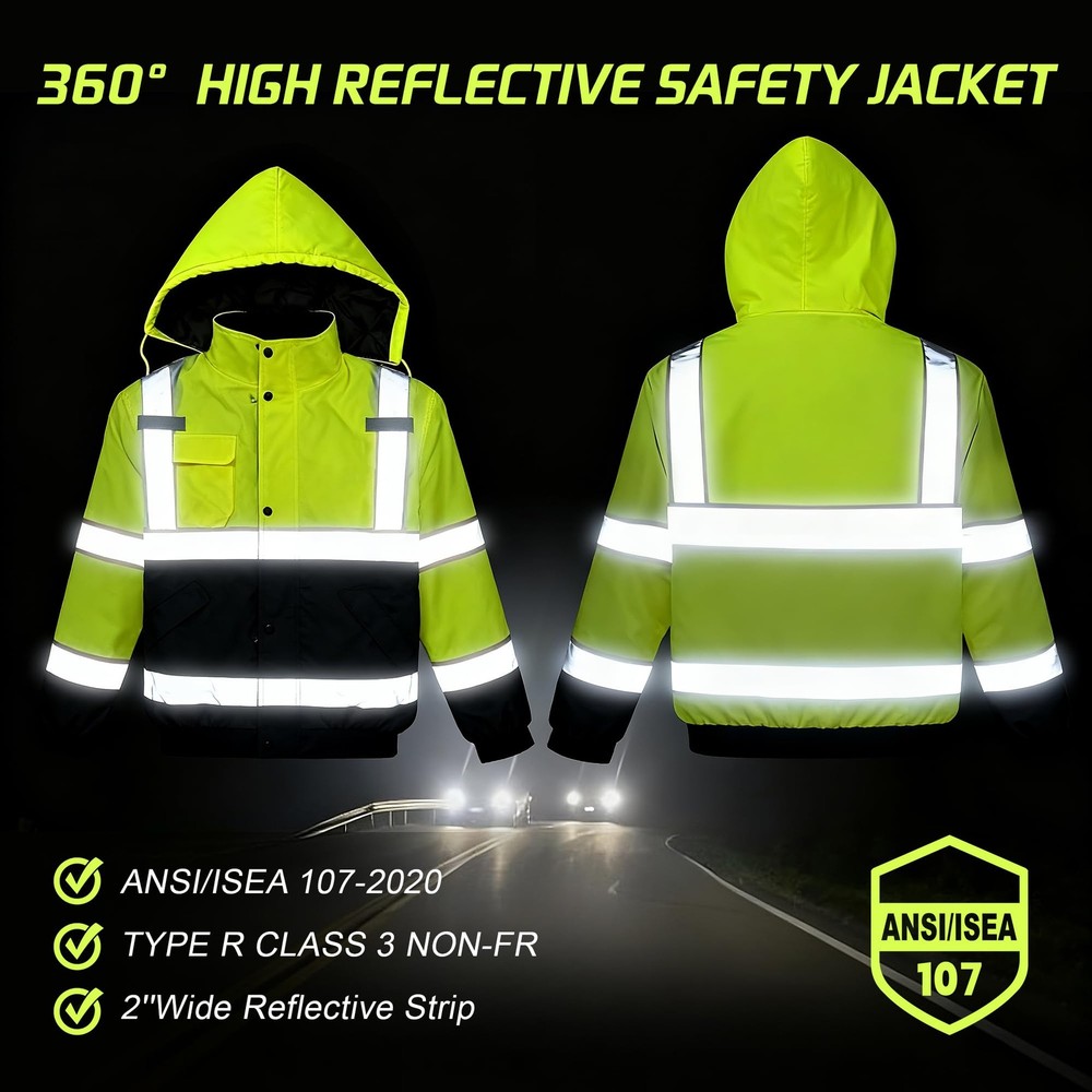 Safety Jacket for Men, Waterproof High Visibility Reflective Construction Bom...