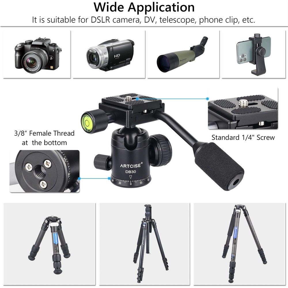Ball Head with Handle Camera Tripod Ball Head with Two Quick Release Plates a...