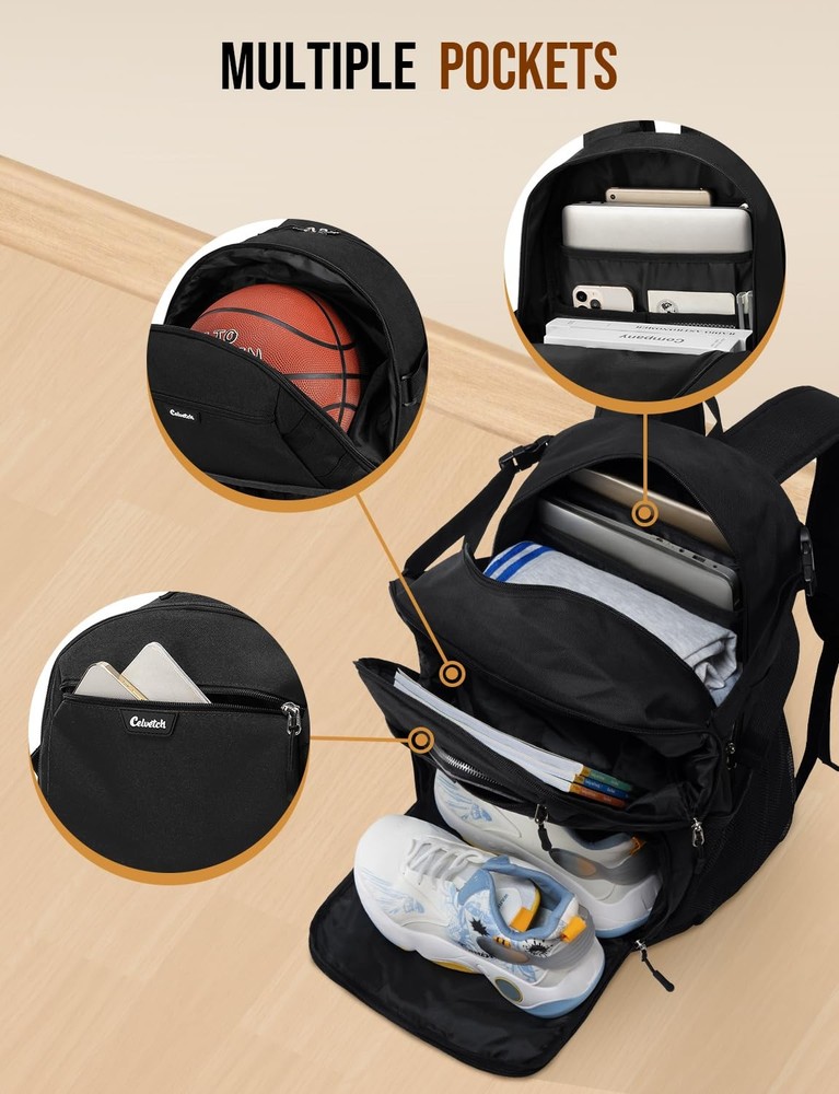 Celvetch Basketball Backpack with Shoe Compartment Large One Size, Black