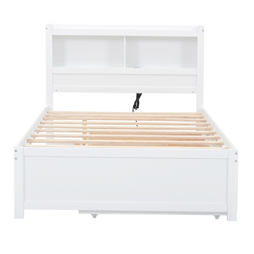 Full Size Bed Frame Wood Platform Bed w/ Pull-Out Trundle & Drawer White/Gray