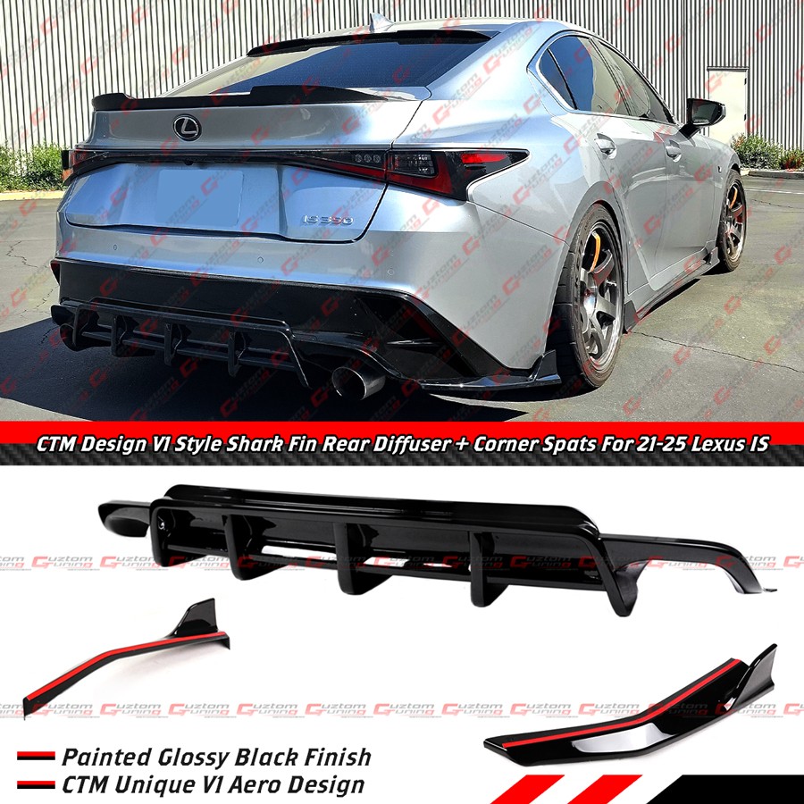 For 21-25 Lexus IS300 IS350 CTM V1 Gloss Black Rear Diffuser + Corner Extensions