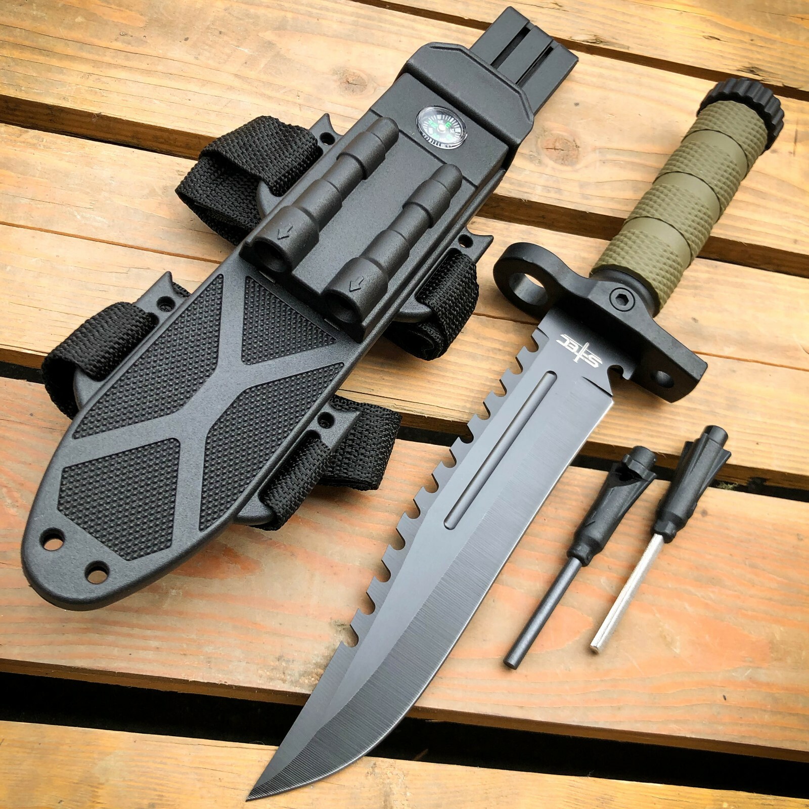 12.5" MILITARY Hunting FIXED BLADE SURVIVAL Knife w Fire Starter + Sheath