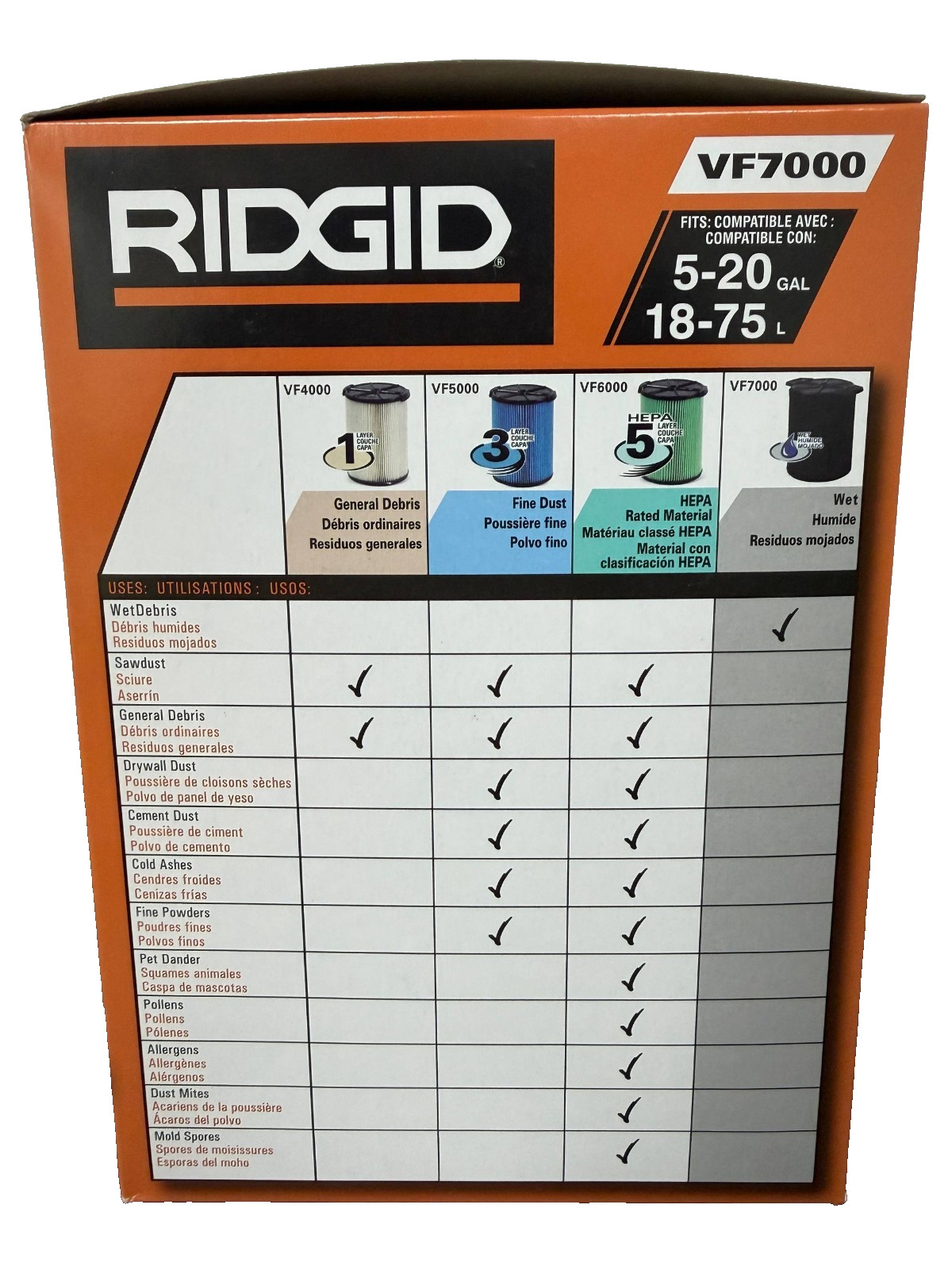 Ridgid VF7000 Wet-Pickup Filter Black for 5-20 Gallon Wet & Dry Vacuum Cleaners