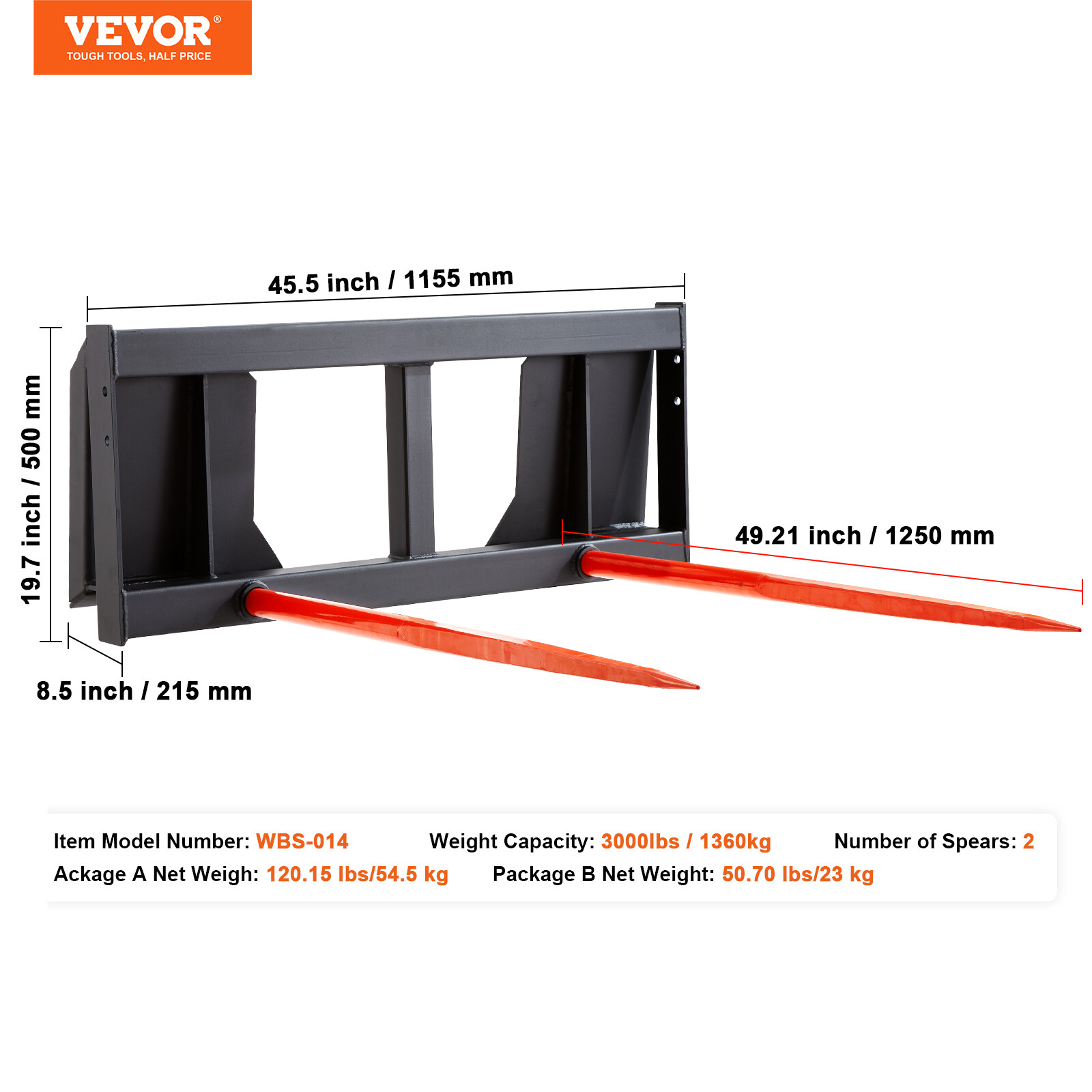 VEVOR 49" Hay Spear Bale Spears Skid Steer Loader Tractor Attachment 3000lbs