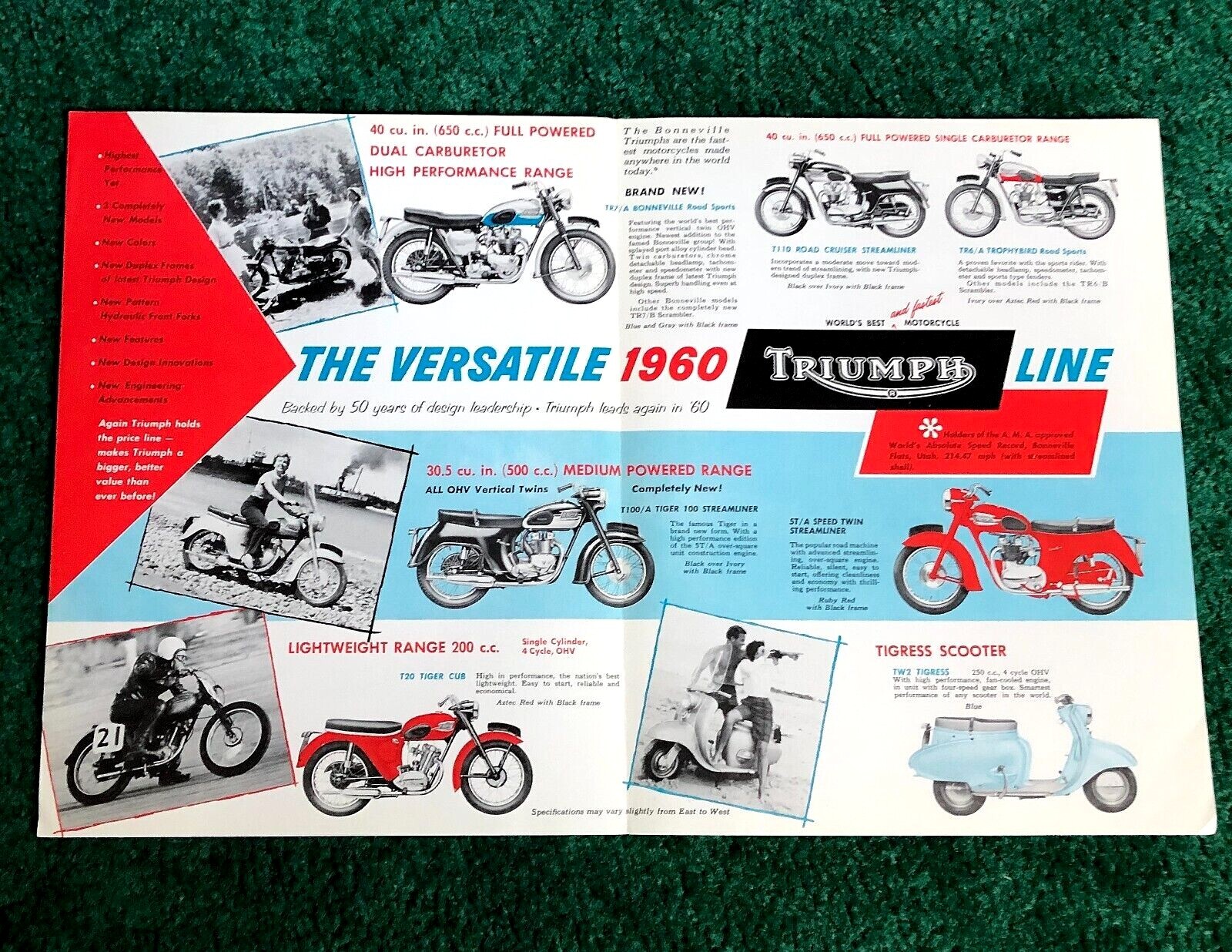1960 TRIUMPH MOTORCYCLE BROCHURE BONNEVILLE TR7 TROPHY-650 TR6 TIGER-110 100 CUB