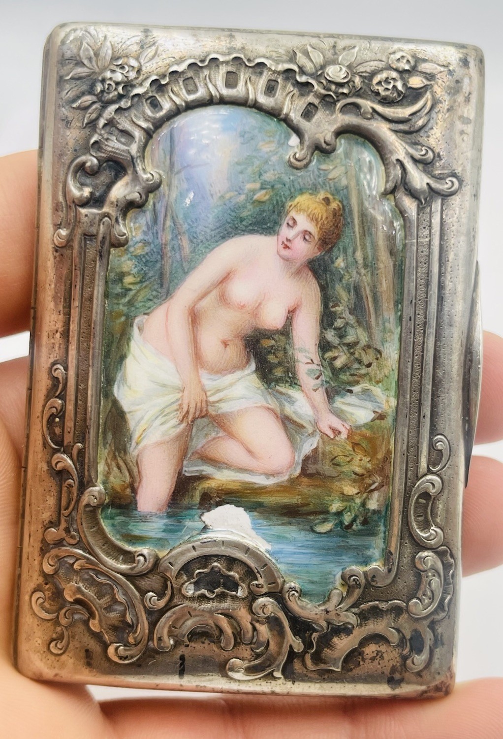 Antique Austrian Sterling Silver Enamel Nude Lady Cigarette Card Case