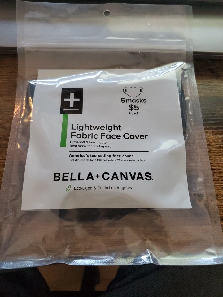 NEW Bella+Canvas Face Mask, Lightweight, Black 5 Count