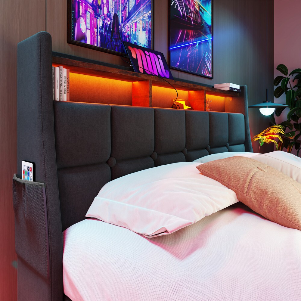 Full Size LED Bed Frame Upholstered Platform Bed with Hydraulic Storage System