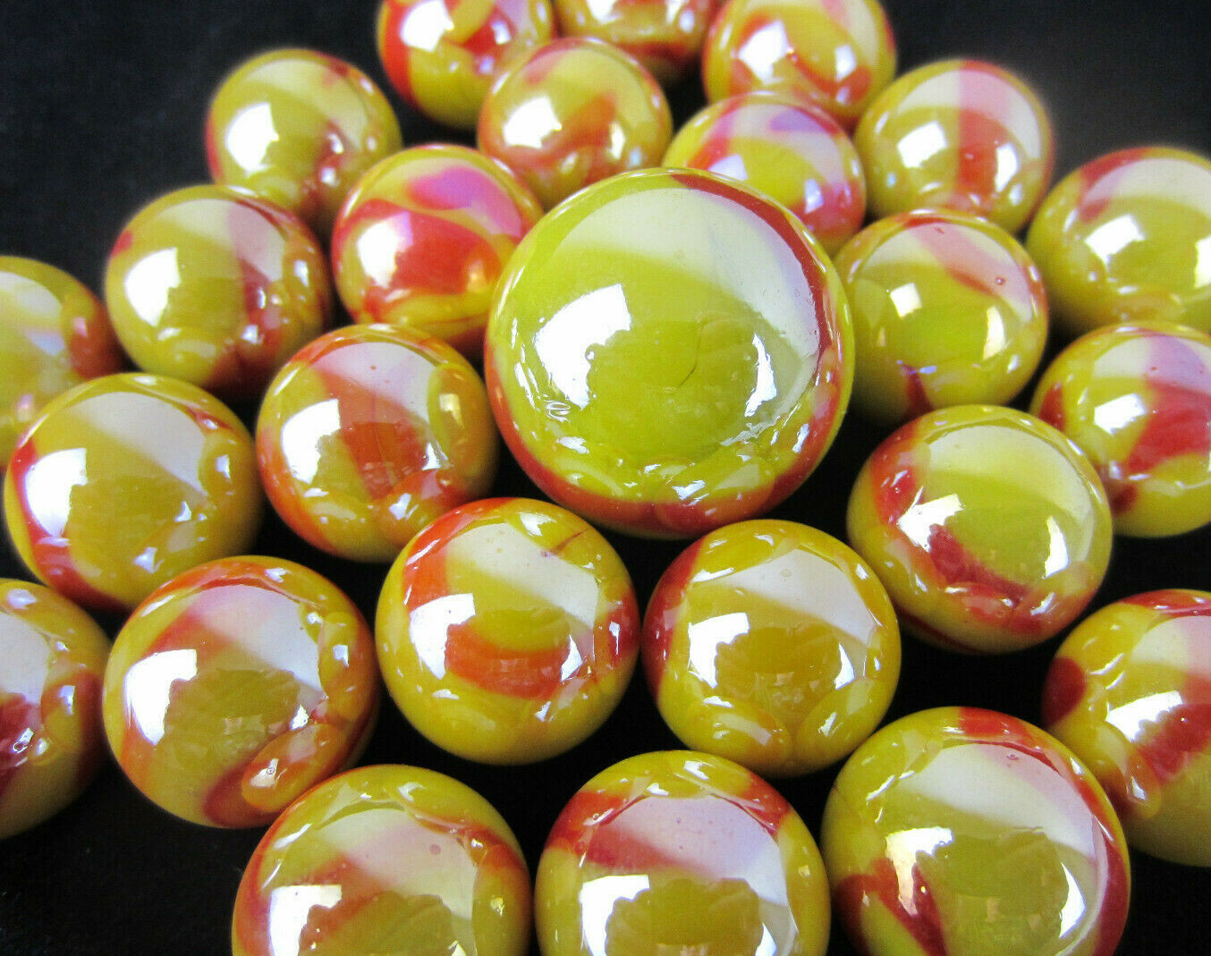25 Glass Marbles SUN Fire RED/YELLOW Opal iridescent Shooter game style Swirl