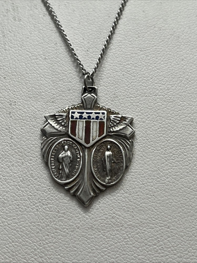 RARE Vintage WWII Military Angel Wings Sterling Miraculous Medal With Chain