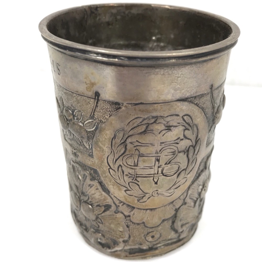 Antique 18th C German Embossed Silver Beaker “PHS” Possibly Andreas Lobenschrot