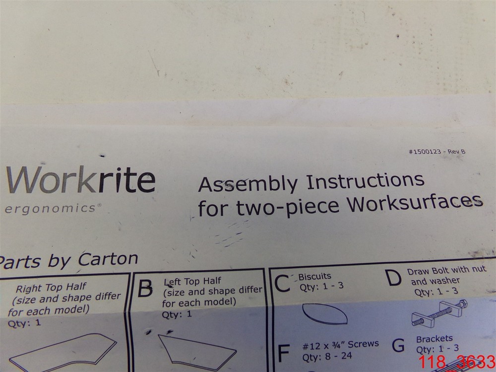 Qty=3: Workrite Ergonomics Assembly Hardware Kit for 2-pc Work surfaces #1500123