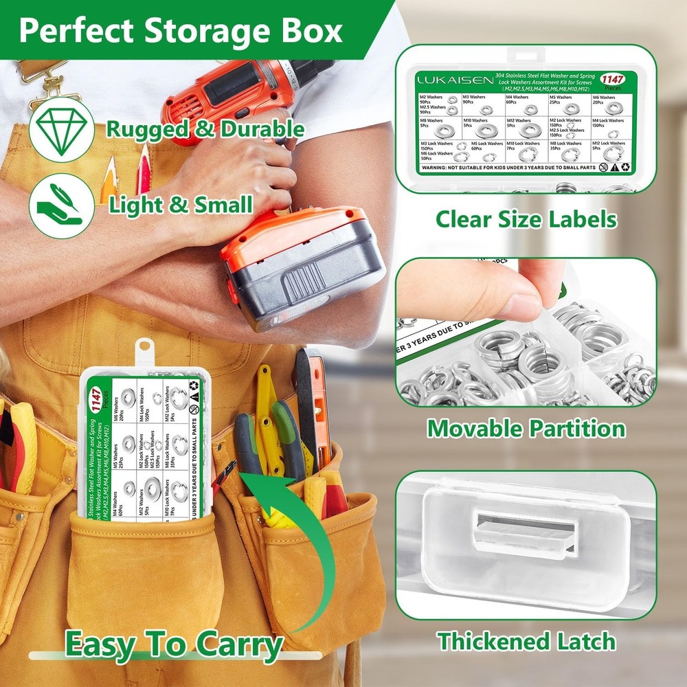 1147PCS Flat and Spring Lock Washers Assortment Kit, Metric Split Lock Washer...
