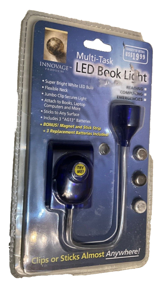 Multi-Task LED Book Light With Extra AG13 Batteries Flex Neck Clip Or Stick