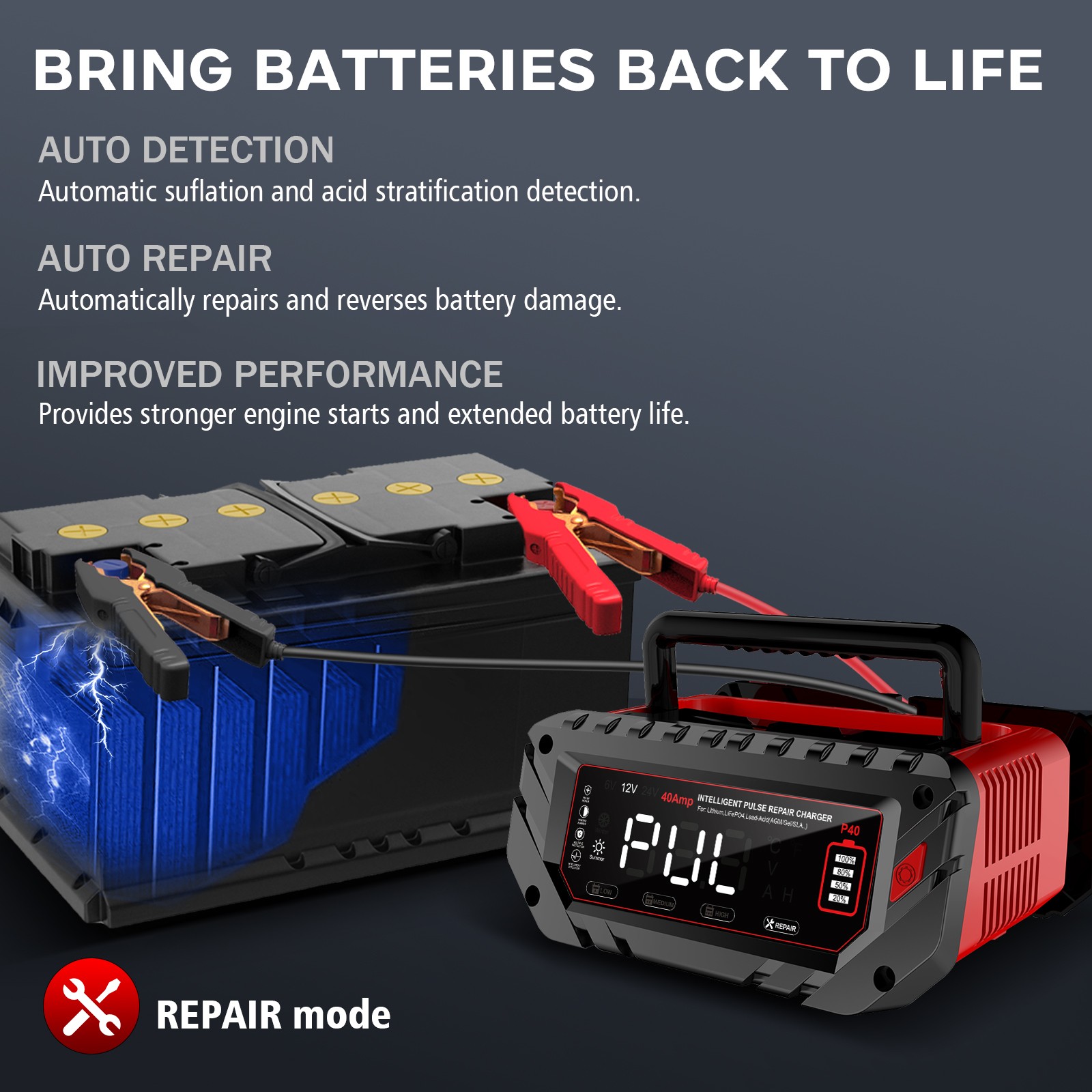 40-Amp Battery Charger, 12V/24V Lead Acid LiFePO4 Smart Battery Trickle Charger