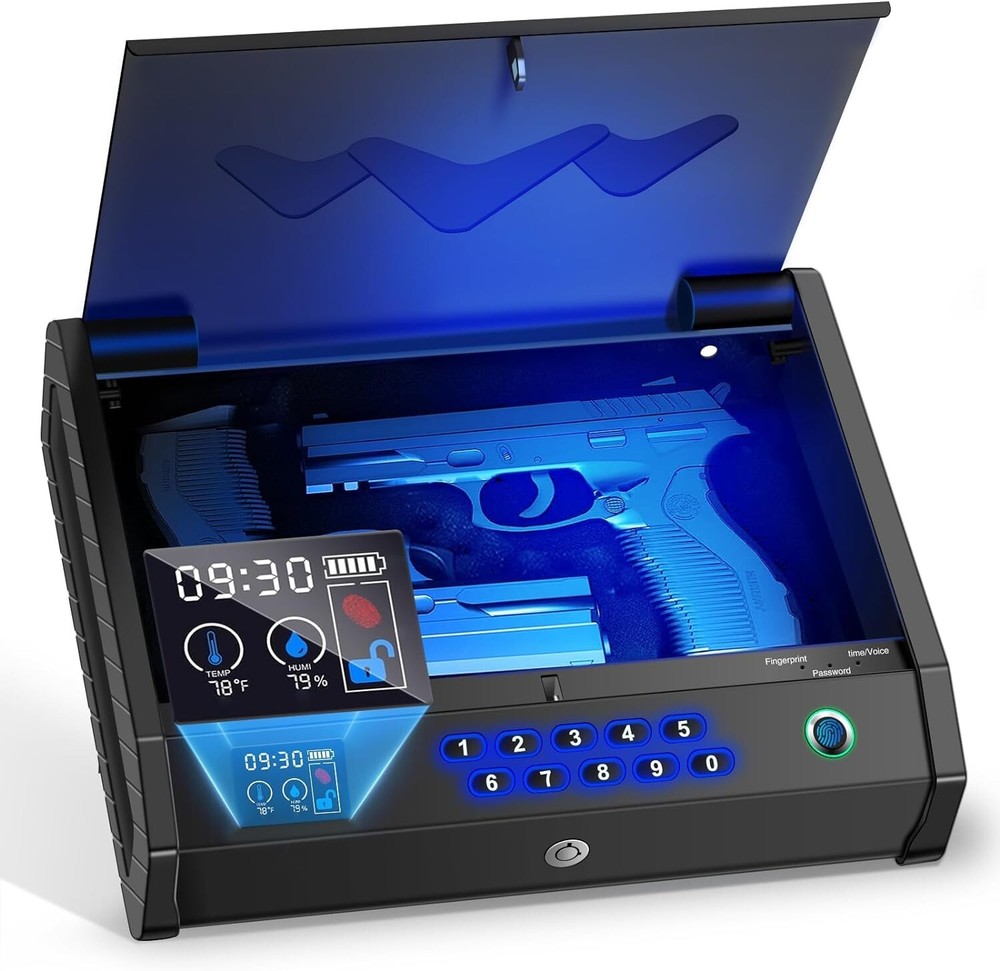 Two-Gun Biometric Safe with Temperature & Humidity LCD - Secure Bedroom Storage