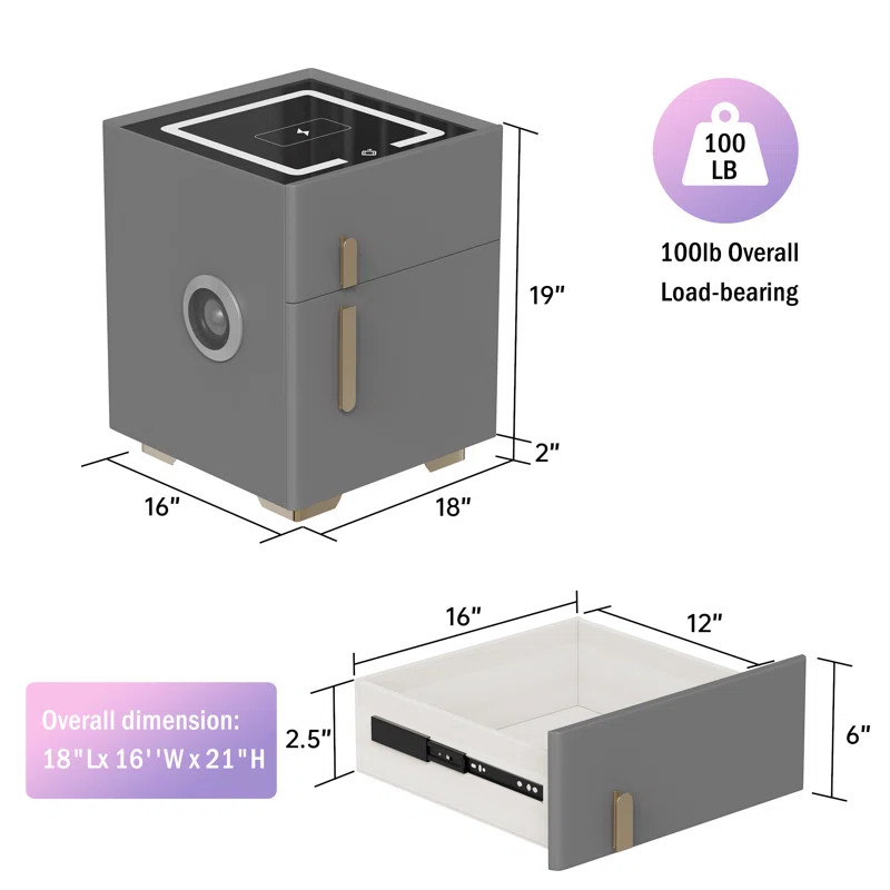 Dark Gray Smart Nightstand | Safe, Wireless Charging, Light & Speaker