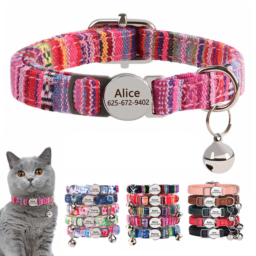 Breakaway Personalized Cat Collar w/ Bell Engraved Name ID Tag Adjustable Kitten