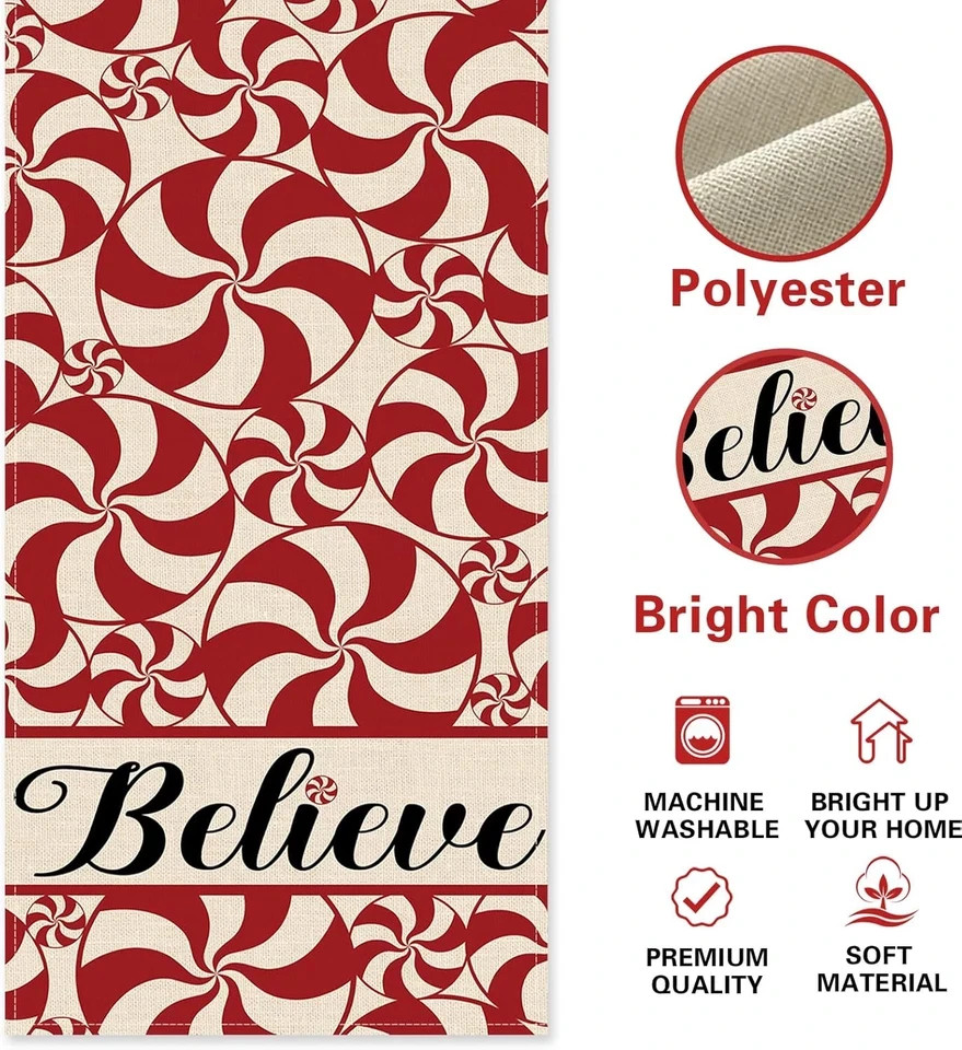 Christmas Peppermint Candy Table Runner, Red Xmas Believe Kitchen Dining Table