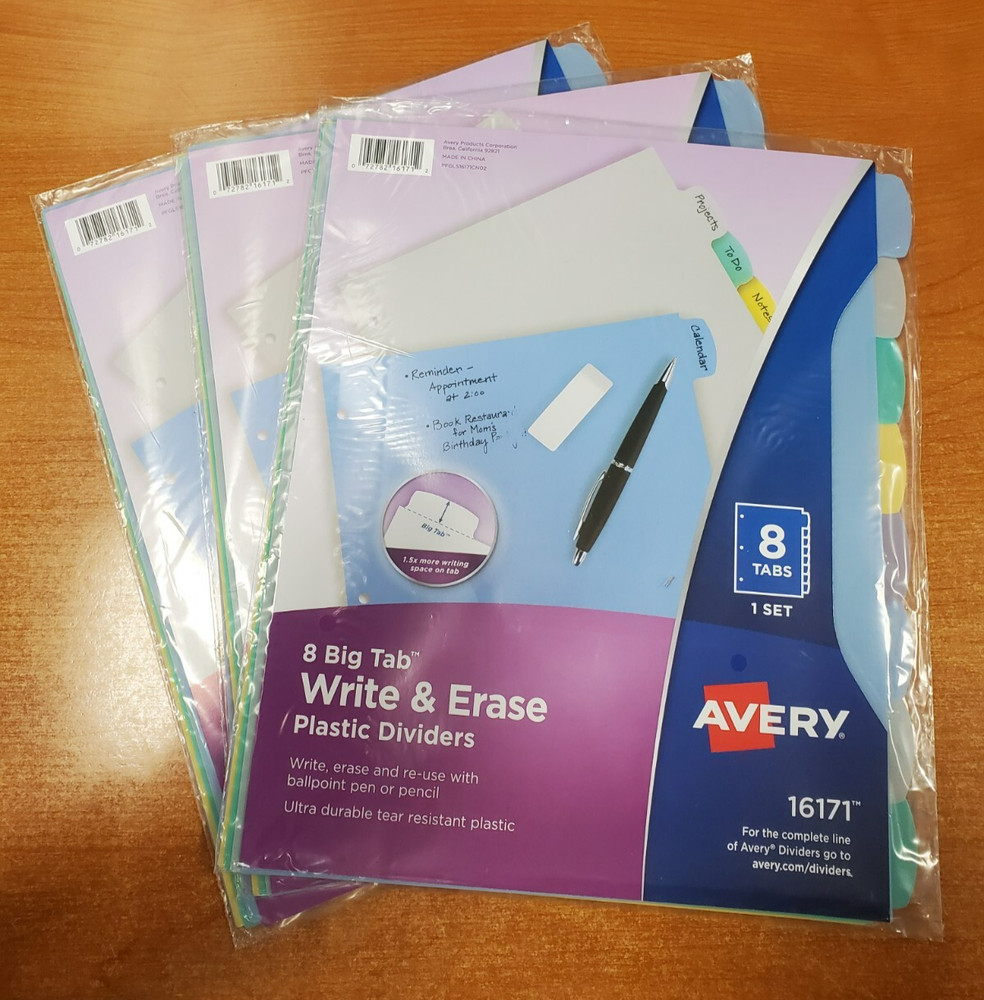 3 Sets: Avery Write & Erase 8 Big Tab Plastic Dividers *16171* (1712) E7B