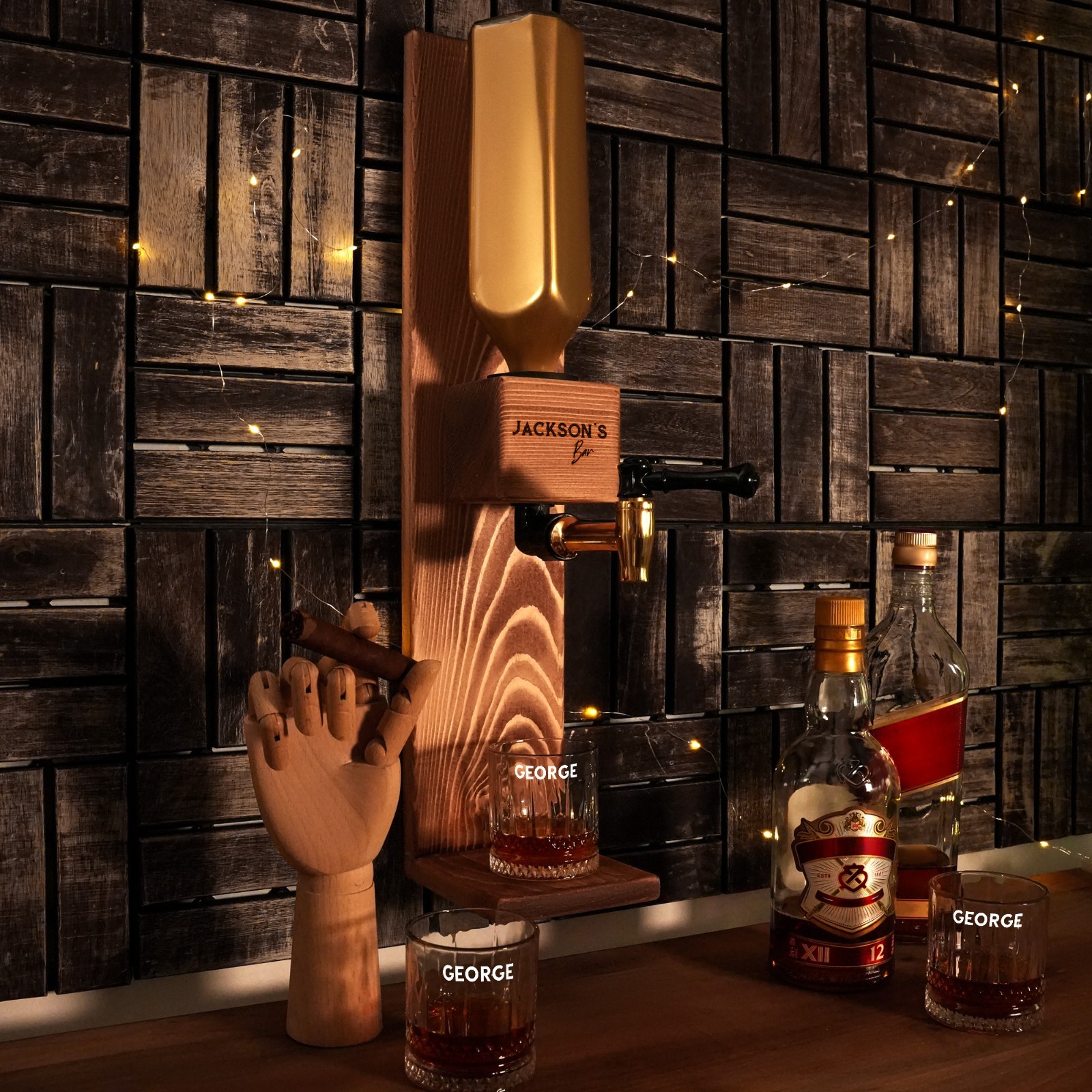 Custom Double Whiskey Dispenser with Shelf, Wall Mounted, Rustic Gift for Him