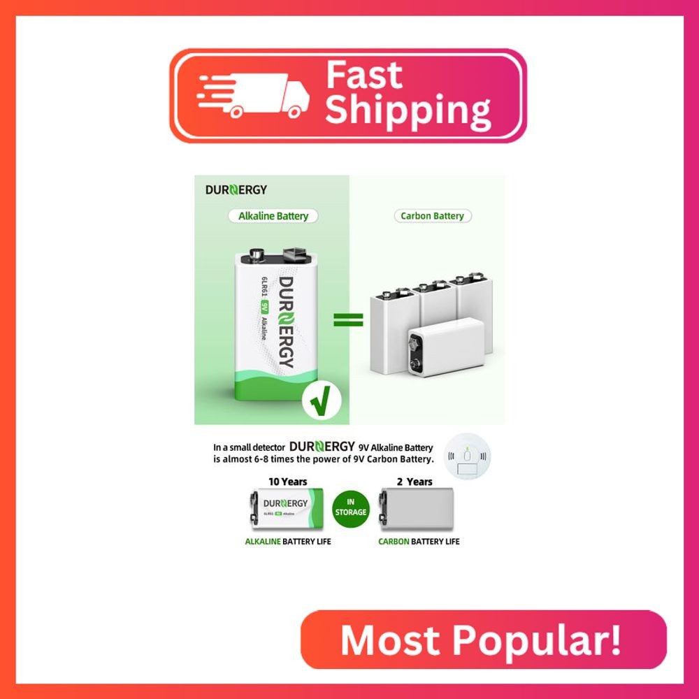DURNERGY 9V Batteries, 9 Volt Batteries 8 Pack,10-Year Shelf Life, 9V Batteries