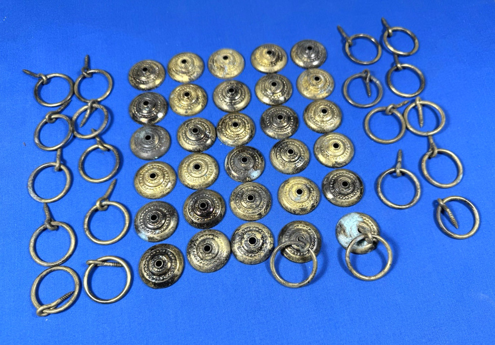 21 Vintage Brass Ring Pulls w/ Brass Escutcheons ~ 1 1/16" Diameter Ring