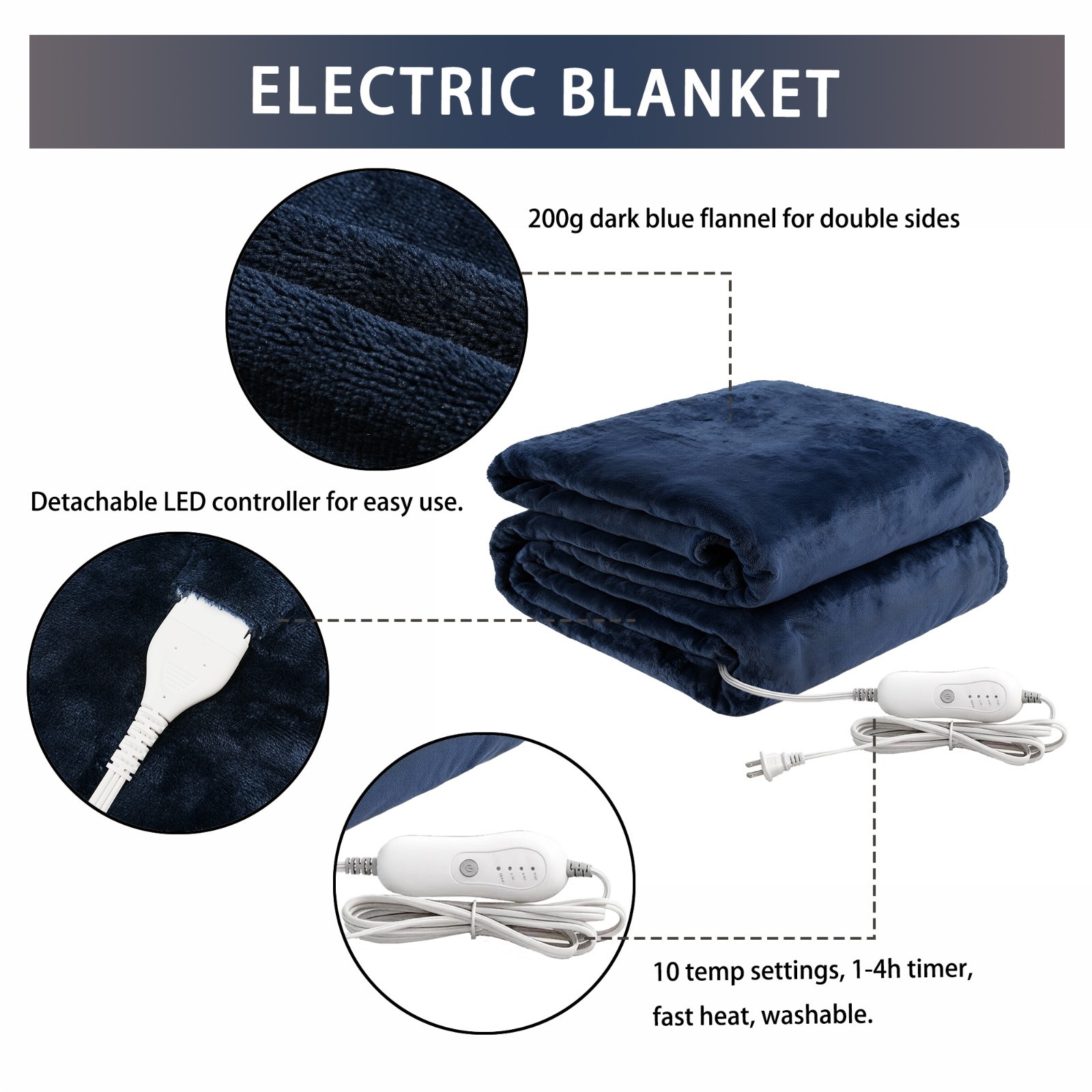 QUIBI Soft Flannel 4 Heat Levels Electric Heated Blanket Sz Queen (84x90") Navy
