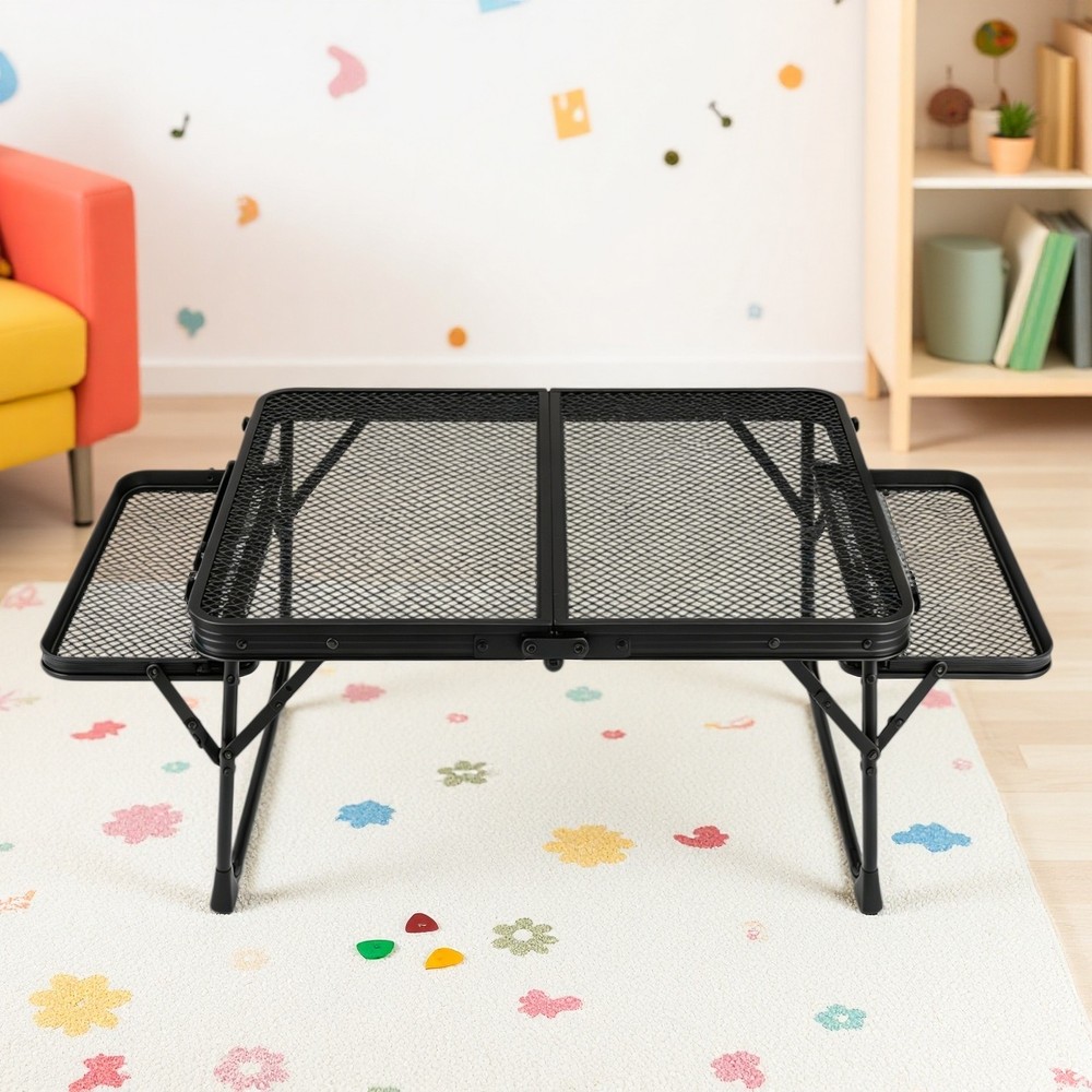 3ft Folding Camping Wire Mesh Table - Side Wings Adjustable Aluminum Frame Black