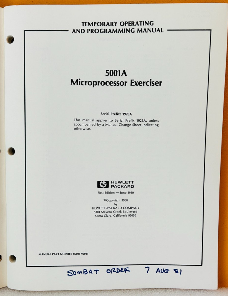 HP 05001-90001 1981 5001A Microprocessor Exerciser Temp Oper. & Service Manual.