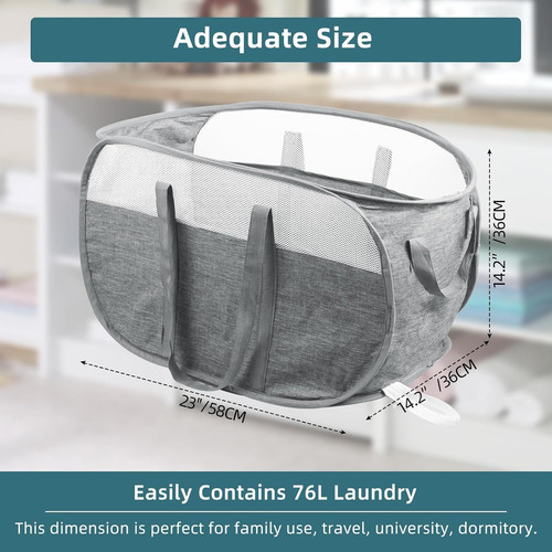 Collapsible Laundry Baskets, Tear Proof Pop Up Horizontal, Gray