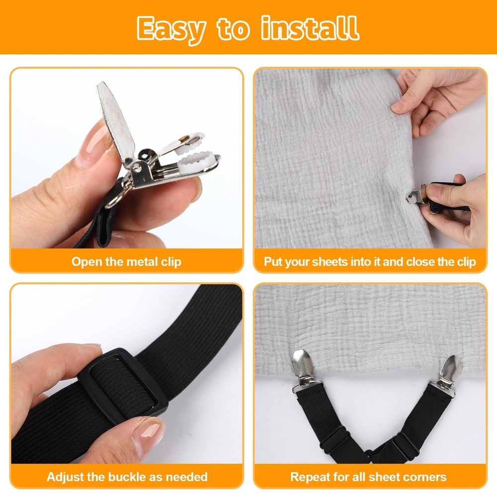 Bed Sheet Straps, 4Pcs Elastic Adjustable Bed Sheet Holder Straps, Fitted She...
