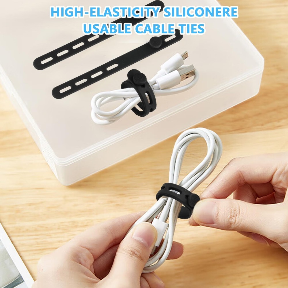 20-Pack Black Silicone Cable Ties Reusable Cable Organizer Straps