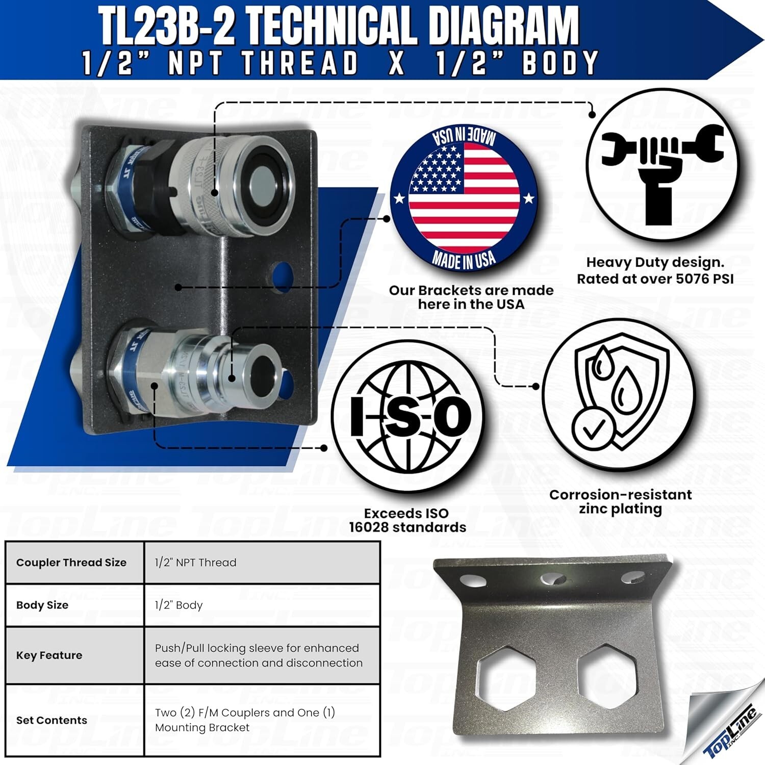 1/2" NPT Thread Flat Face Hydraulic Quick Couplers with Mounting Bracket TL23B-2