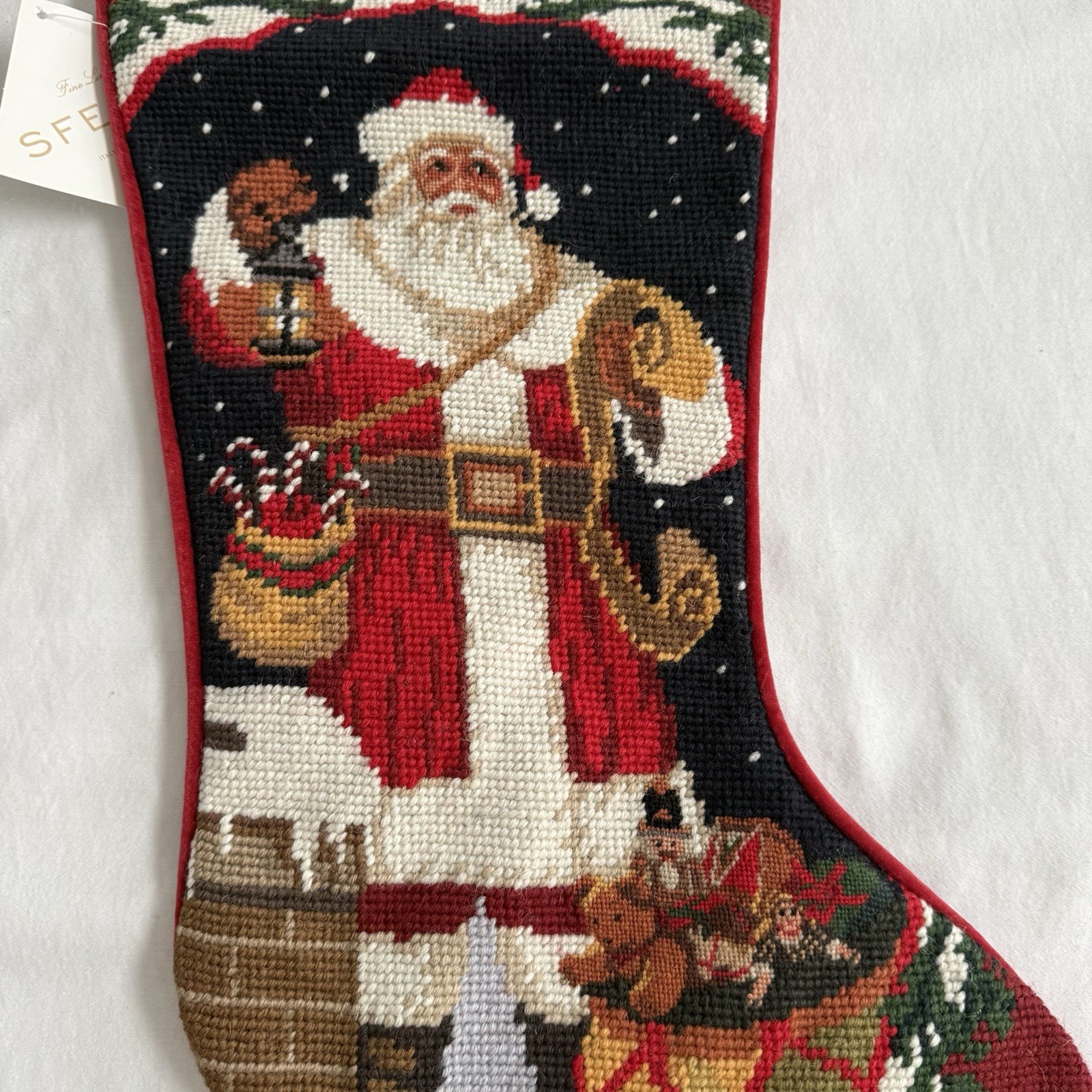 Sferra Needlepoint Christmas Stocking ROOFTOP SANTA Wool NEW