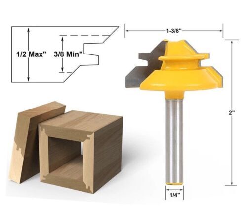 3Pcs 45 Degree Lock Miter Router Bit Set,1/2",5/8",3/4" Cutting Height,1/4"Shank
