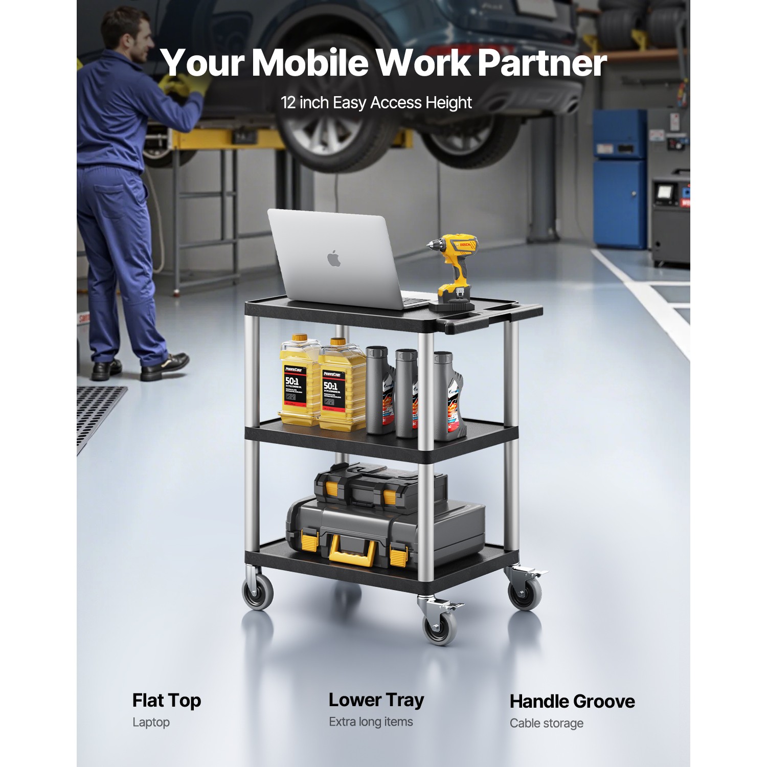 3-shelf Utility Cart 300 lbs 27.6 x 18.1-inch Service Cart with Wheels